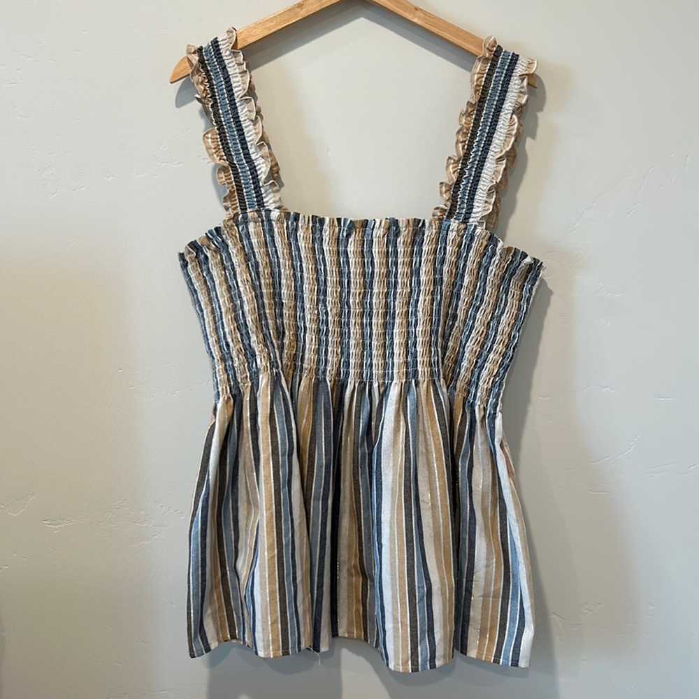 Arula striped ruffle strap smocked babydoll top